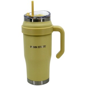 khaki travel mug with handle, straw, and Penn State